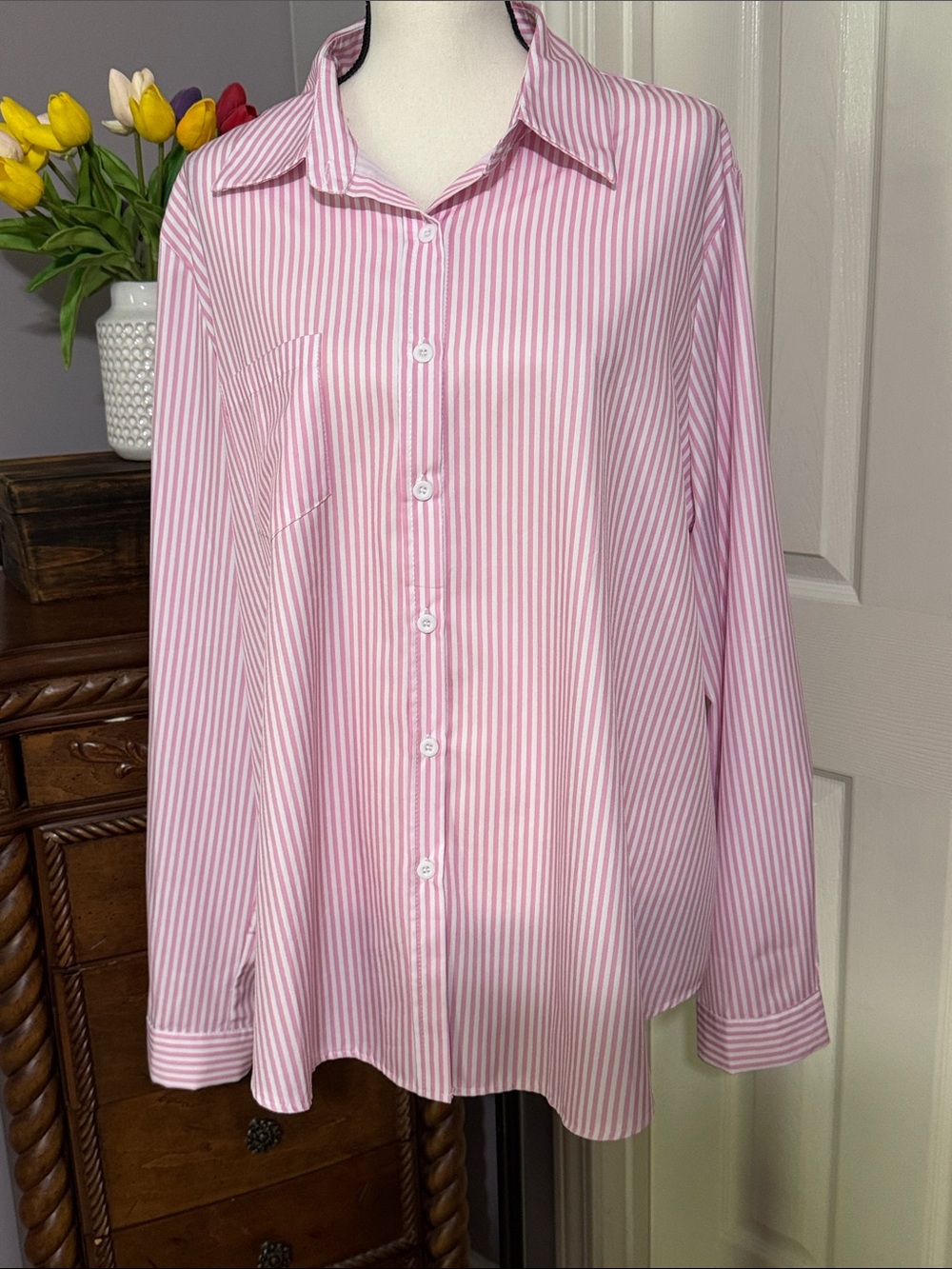 Pink and White Striped Button-Up Blouse